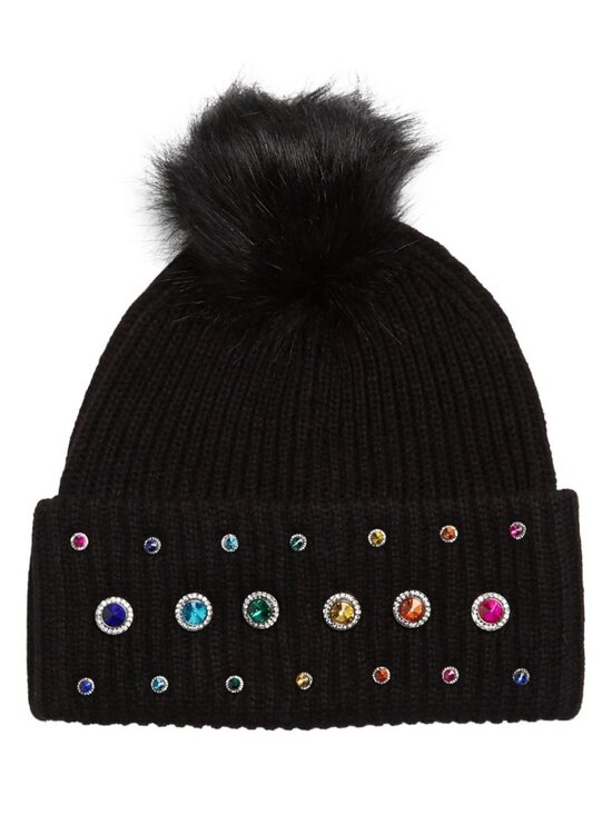 Kurt Geiger Womens Octavia Rainbow Crystal Knit Beanie Hat Faux Fur Pompom Black